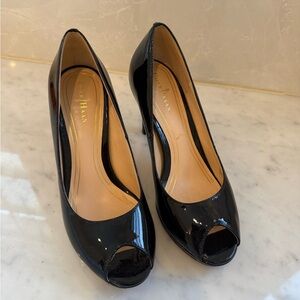 Cole Haan Glossy Black Peep Toe Heels